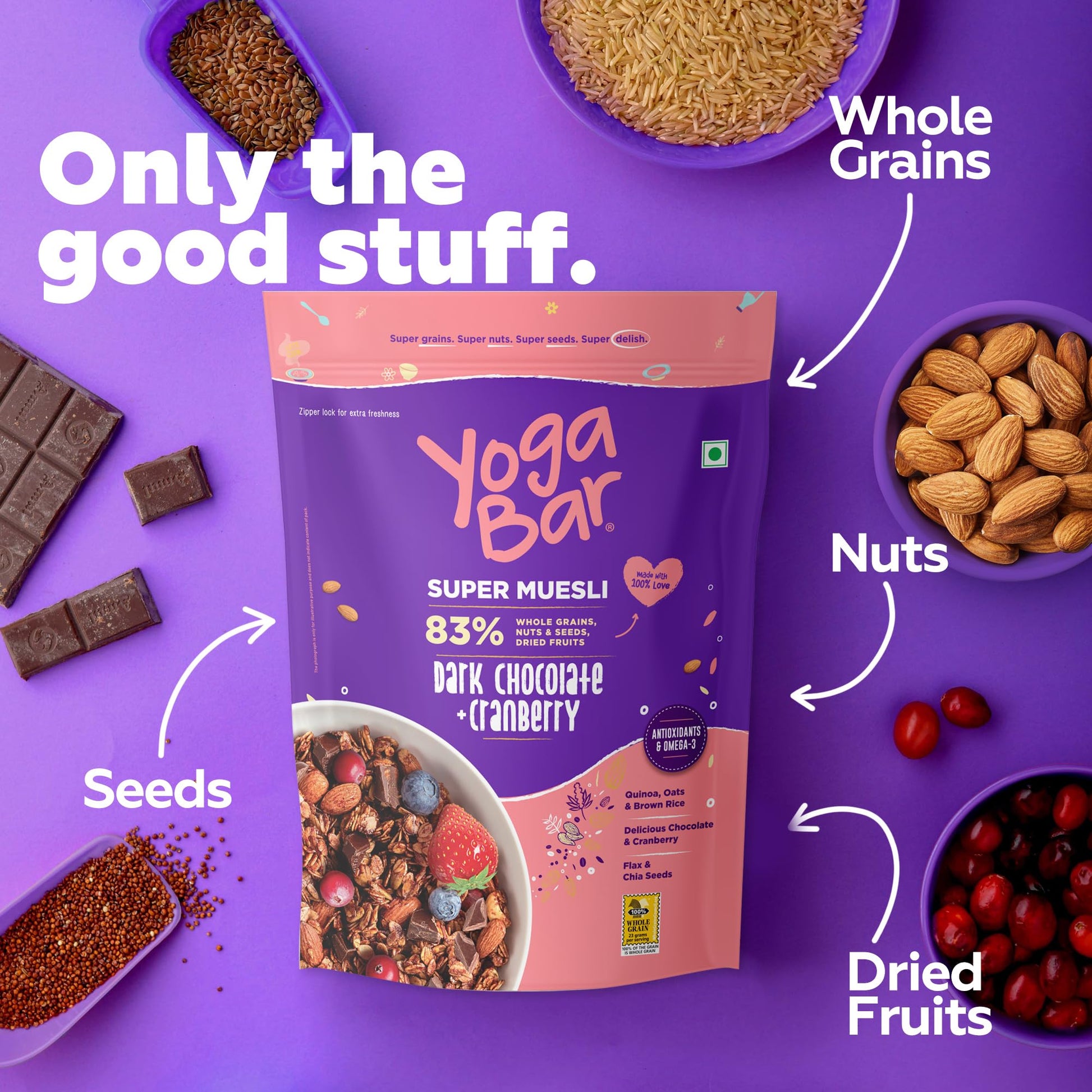 Yogabar Wholegrain Breakfast Muesli - Dark Chocolate and Cranberry, 700g (Super Saver Pack) - close-up detail