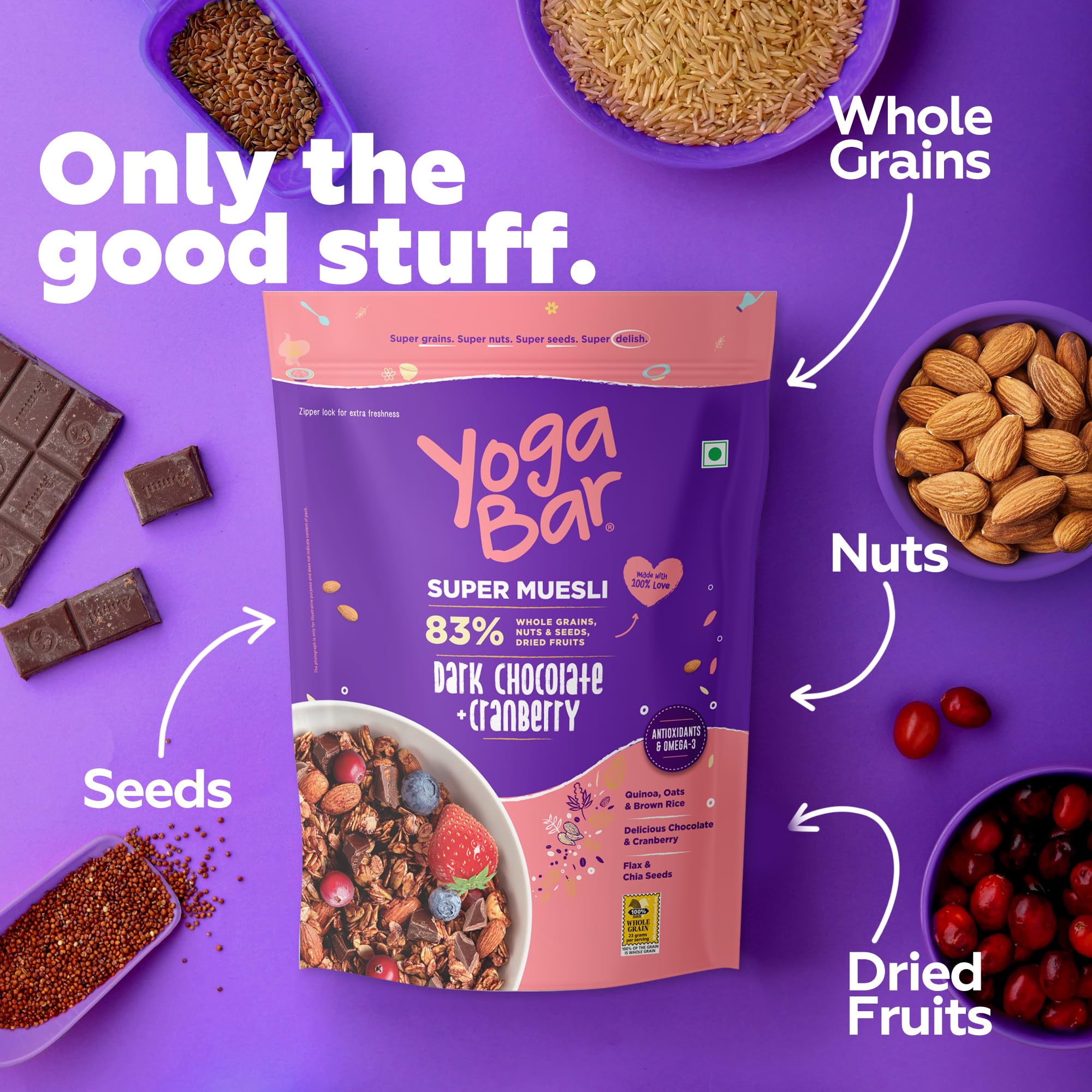 Yogabar Wholegrain Breakfast Muesli - Dark Chocolate and Cranberry, 700g (Super Saver Pack) - close-up detail