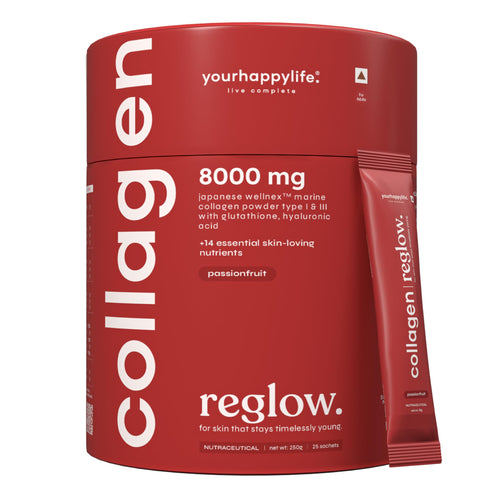 yourhappylife Reglow Marine Collagen Peptide Supplement Powder, 8000mg Wellnex Type I&III, 250gm, Passionfruit Flavor, Unisex