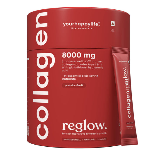 yourhappylife Reglow Marine Collagen Peptide Supplement Powder, 8000mg Wellnex Type I&III, 250gm, Passionfruit Flavor, Unisex