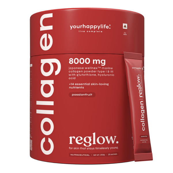 yourhappylife Reglow Marine Collagen Peptide Supplement Powder, 8000mg Wellnex Type I&III, 250gm, Passionfruit Flavor, Unisex