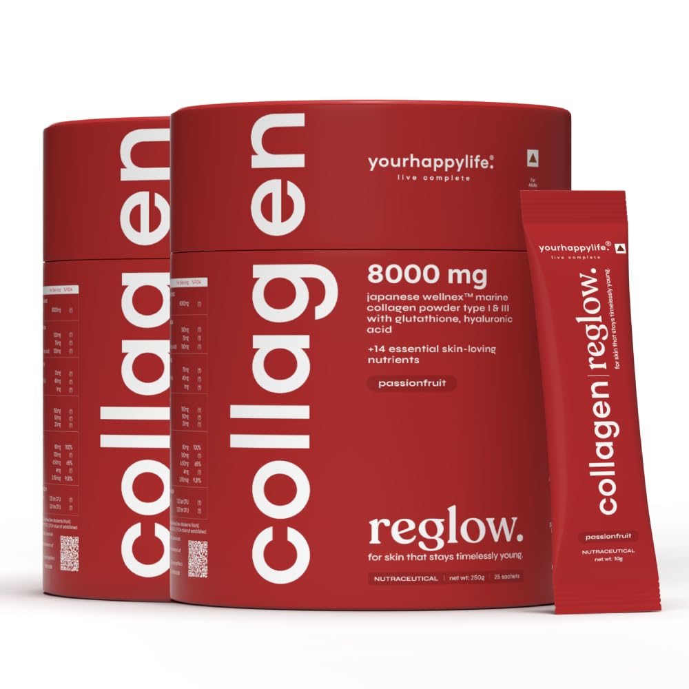 yourhappylife Reglow Marine Collagen Peptide Supplement Powder, 8000mg Wellnex Type I&III, 250gm, Passionfruit Flavor, Unisex
