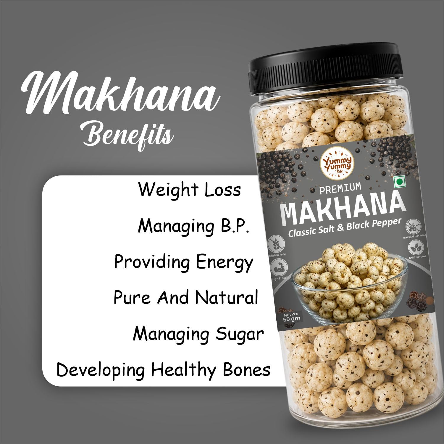 Yummy Yummy Bite Roasted Makhana, Puffed Snack, Gluten Free, High Fiber - back view (14)
