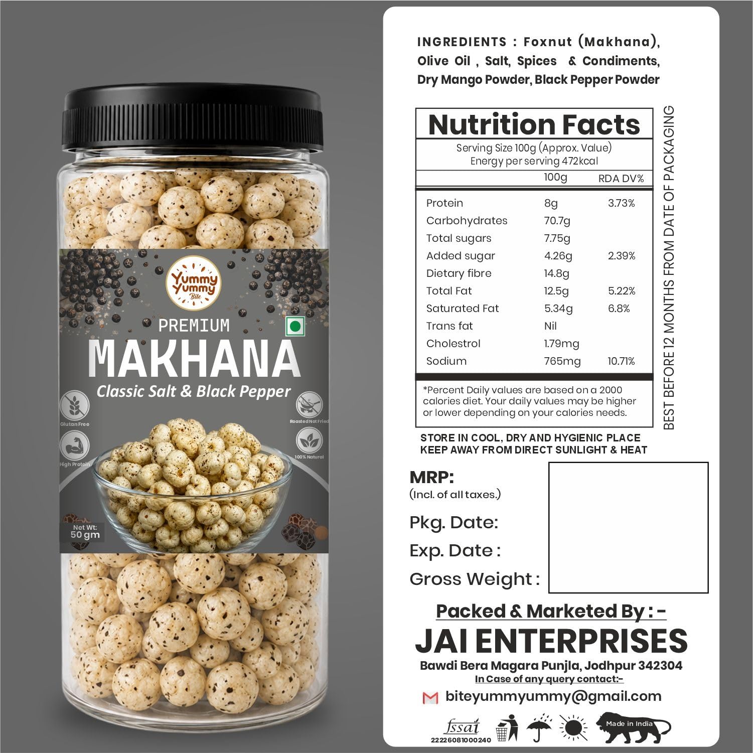 Yummy Yummy Bite Roasted Makhana, Puffed Snack, Gluten Free, High Fiber - packaging (15)