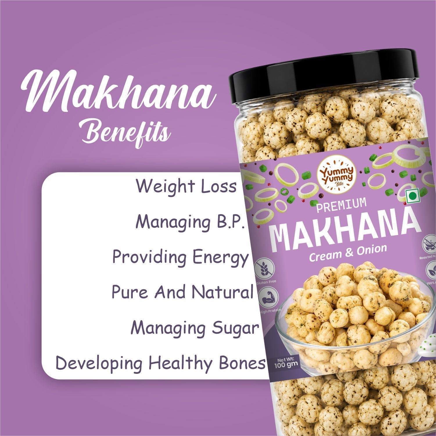 Yummy Yummy Bite Roasted Makhana, Puffed Snack, Gluten Free, High Fiber - front view (18)