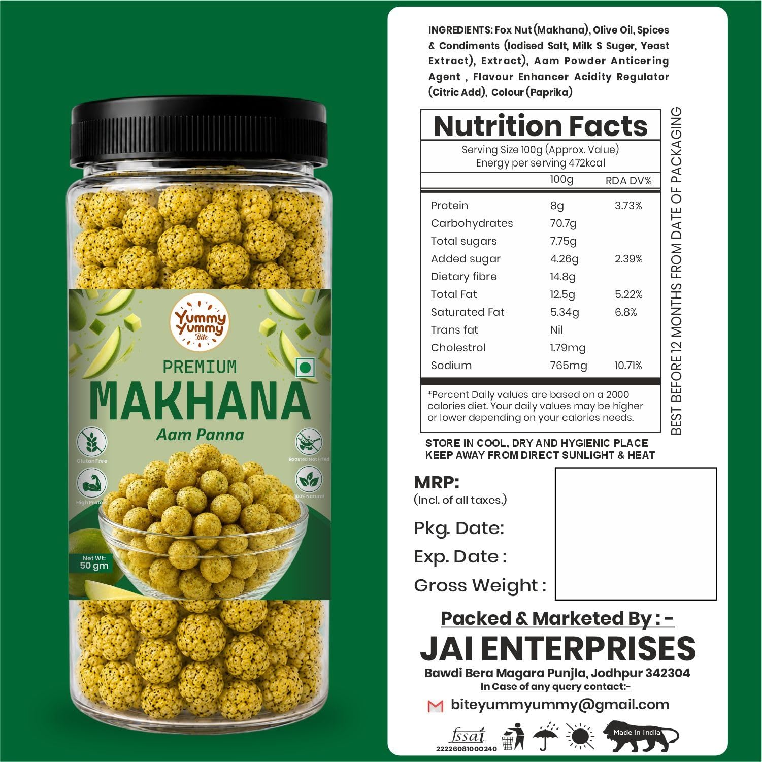 Yummy Yummy Bite Roasted Makhana, Puffed Snack, Gluten Free, High Fiber - front view