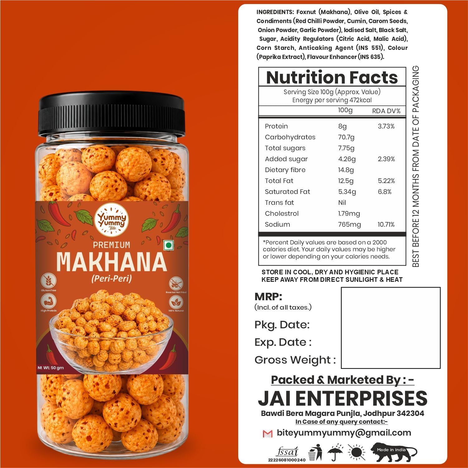 Yummy Yummy Bite Roasted Makhana, Puffed Snack, Gluten Free, High Fiber - front view (23)