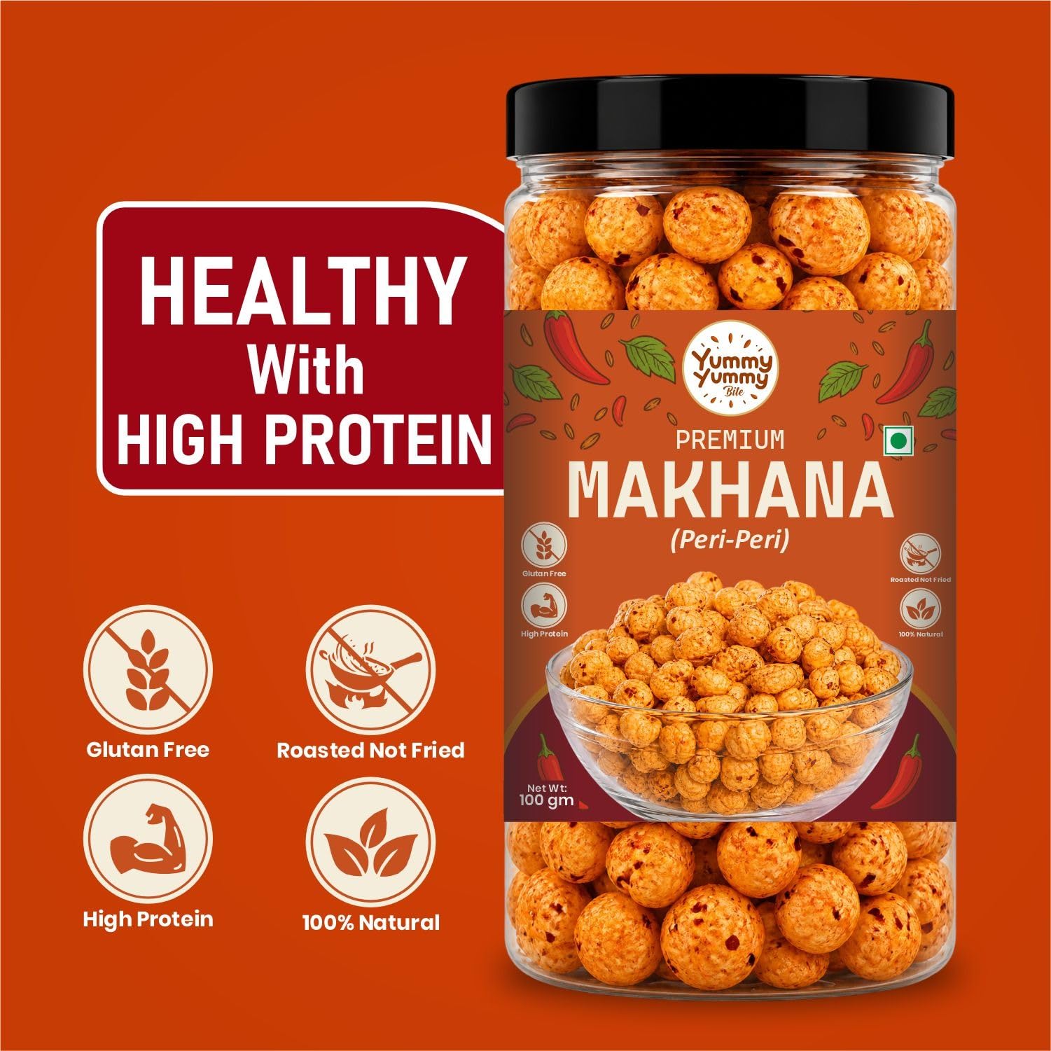 Yummy Yummy Bite Roasted Makhana, Puffed Snack, Gluten Free, High Fiber - front view (28)