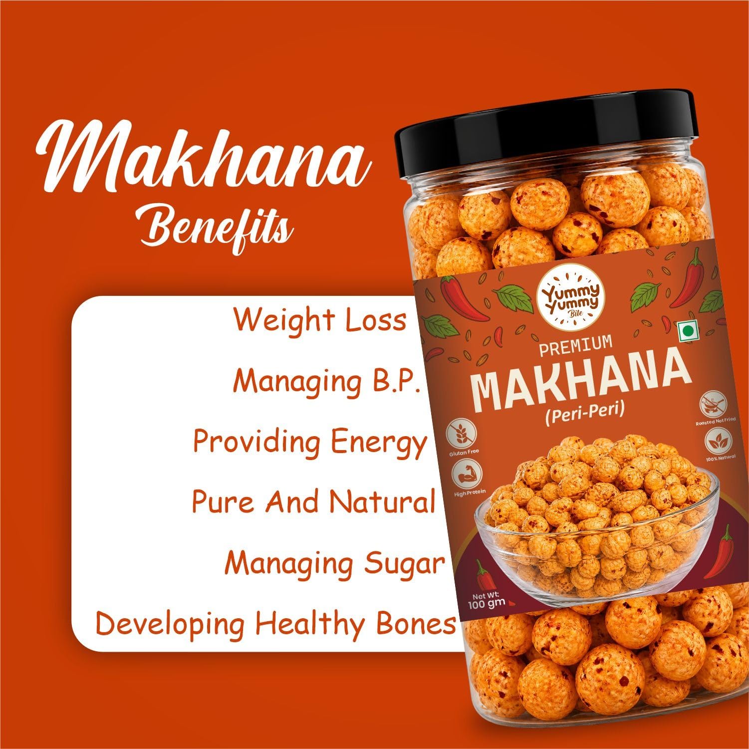 Yummy Yummy Bite Roasted Makhana, Puffed Snack, Gluten Free, High Fiber - back view (29)