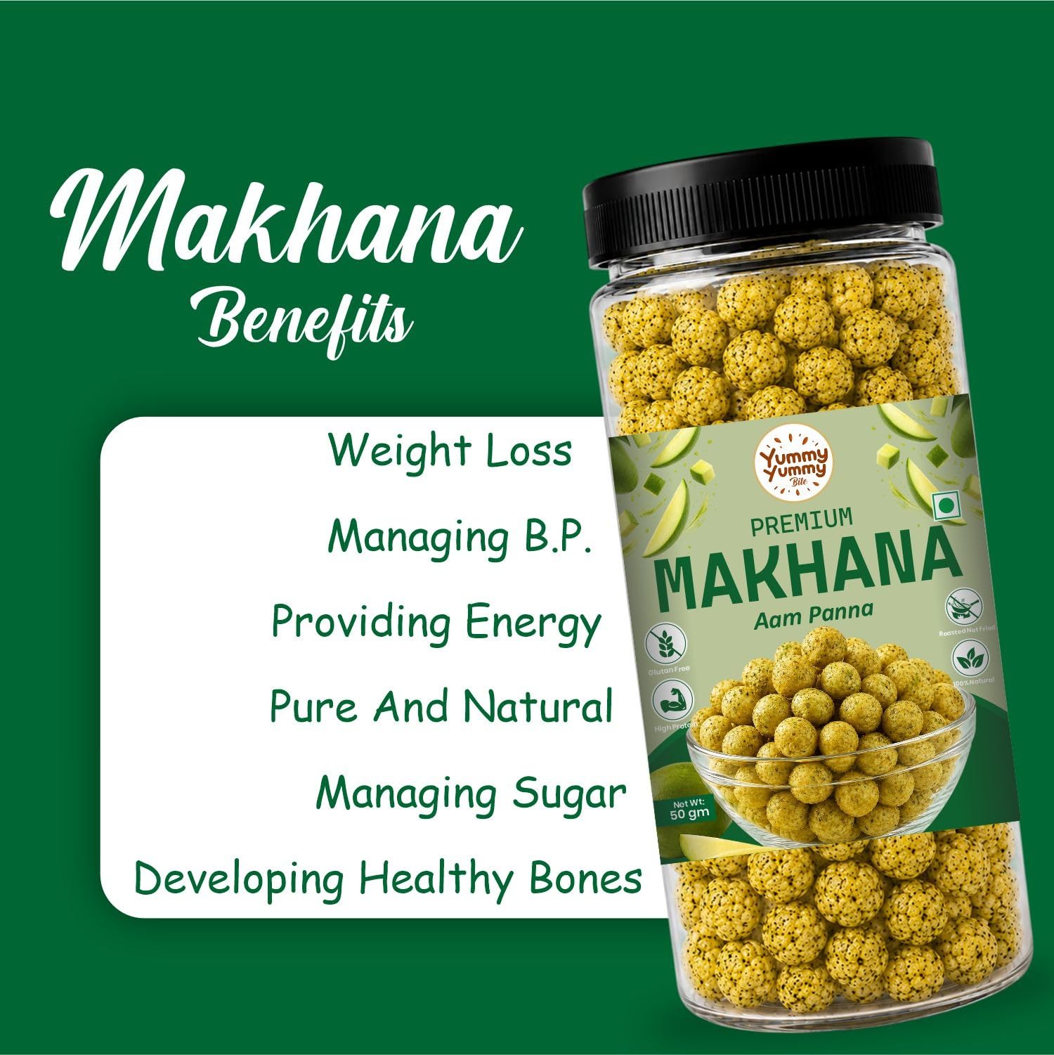 Yummy Yummy Bite Roasted Makhana, Puffed Snack, Gluten Free, High Fiber - back view