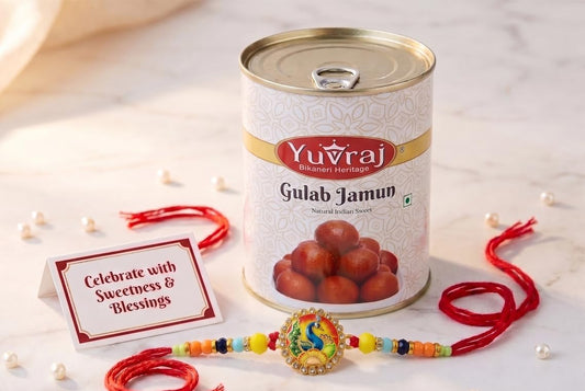 Yuvraj multicolors desingner rakhi set for brother & gulab jamun 1 kg with roli chawal pack