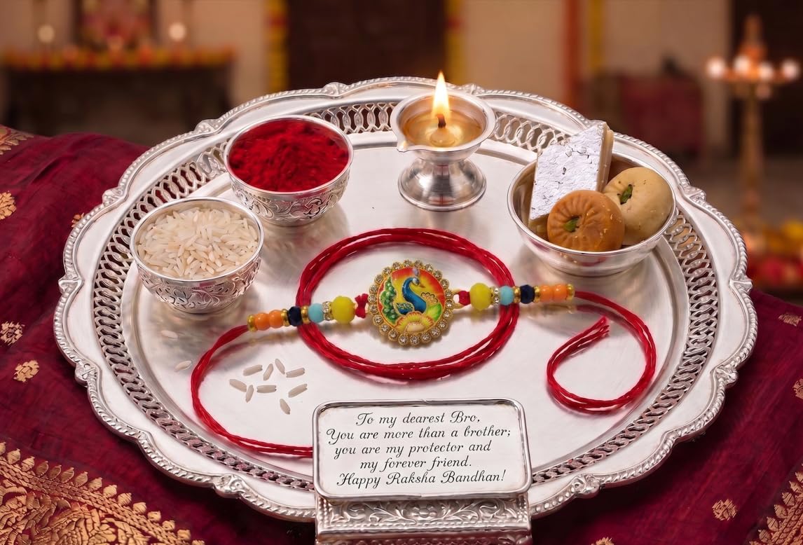 Yuvraj multicolors desingner rakhi set for brother & gulab jamun 1 kg with roli chawal pack - front view