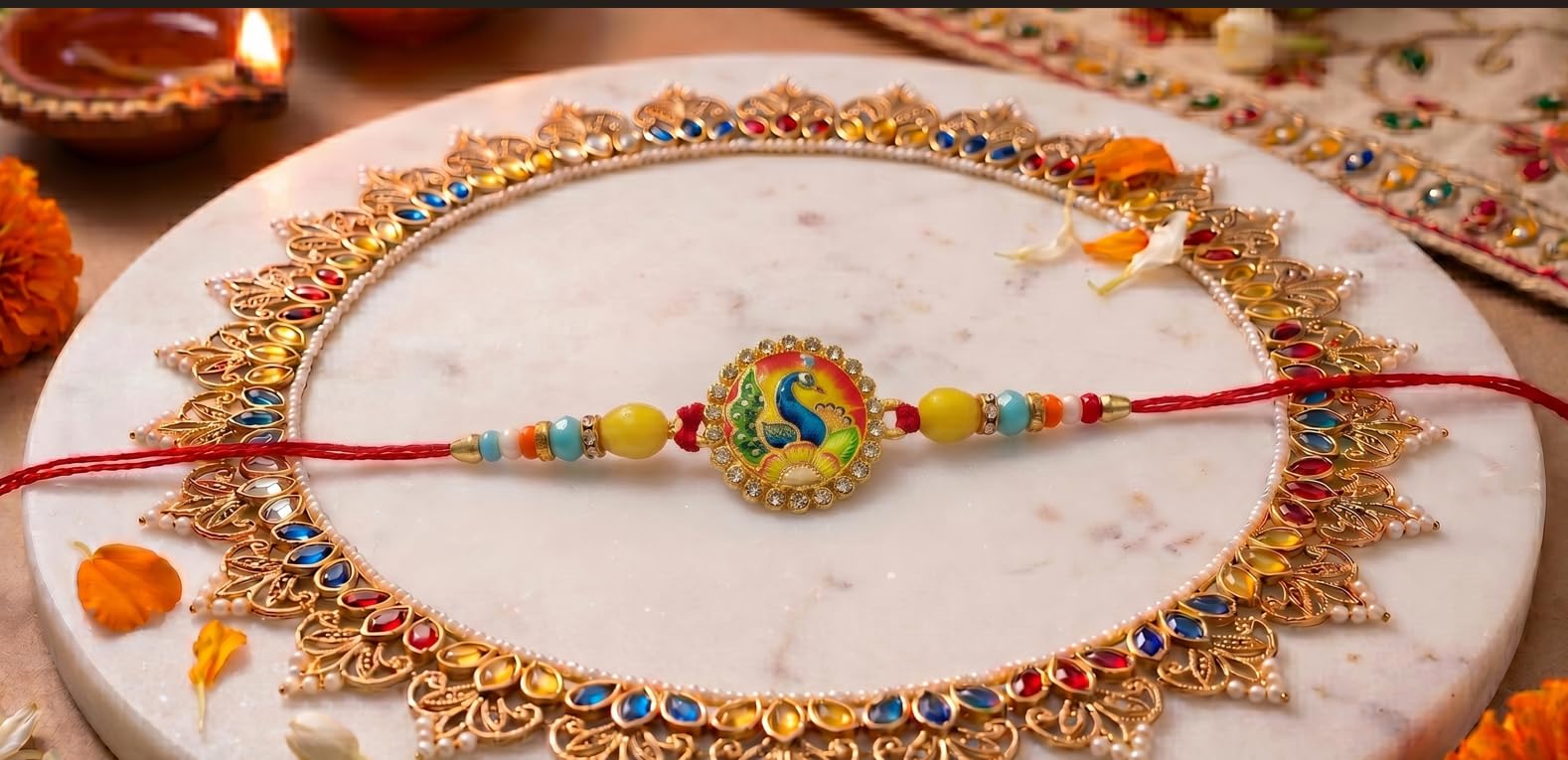 Yuvraj multicolors desingner rakhi set for brother & gulab jamun 1 kg with roli chawal pack - packaging