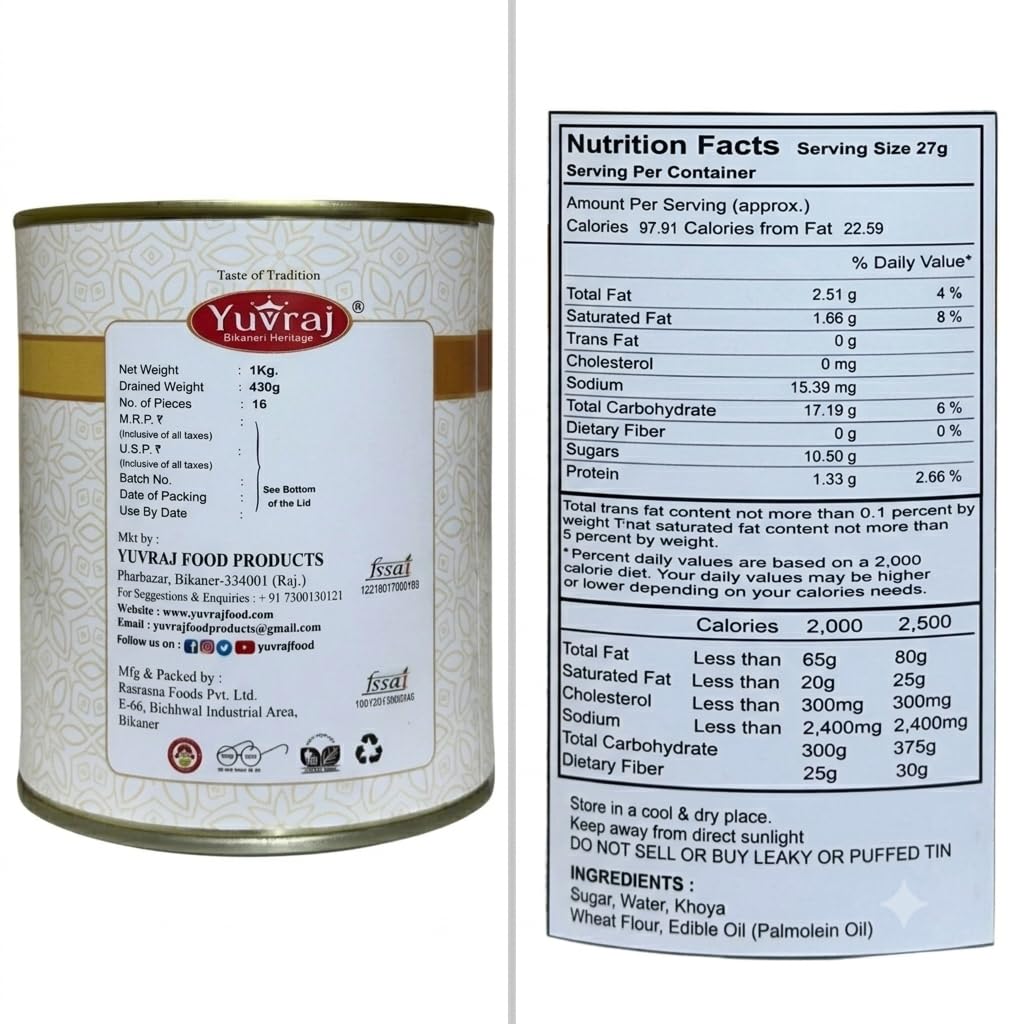 Yuvraj multicolors desingner rakhi set for brother & gulab jamun 1 kg with roli chawal pack - ingredients panel