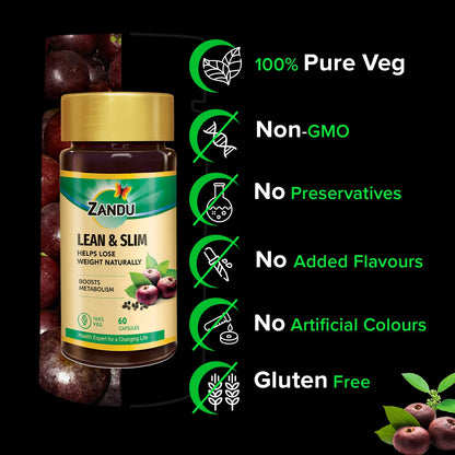 Zandu Lean & Slim Herbal Capsules, 60 Count, 6 Ayurvedic Herbs, Unisex Adult Supplement - packaging
