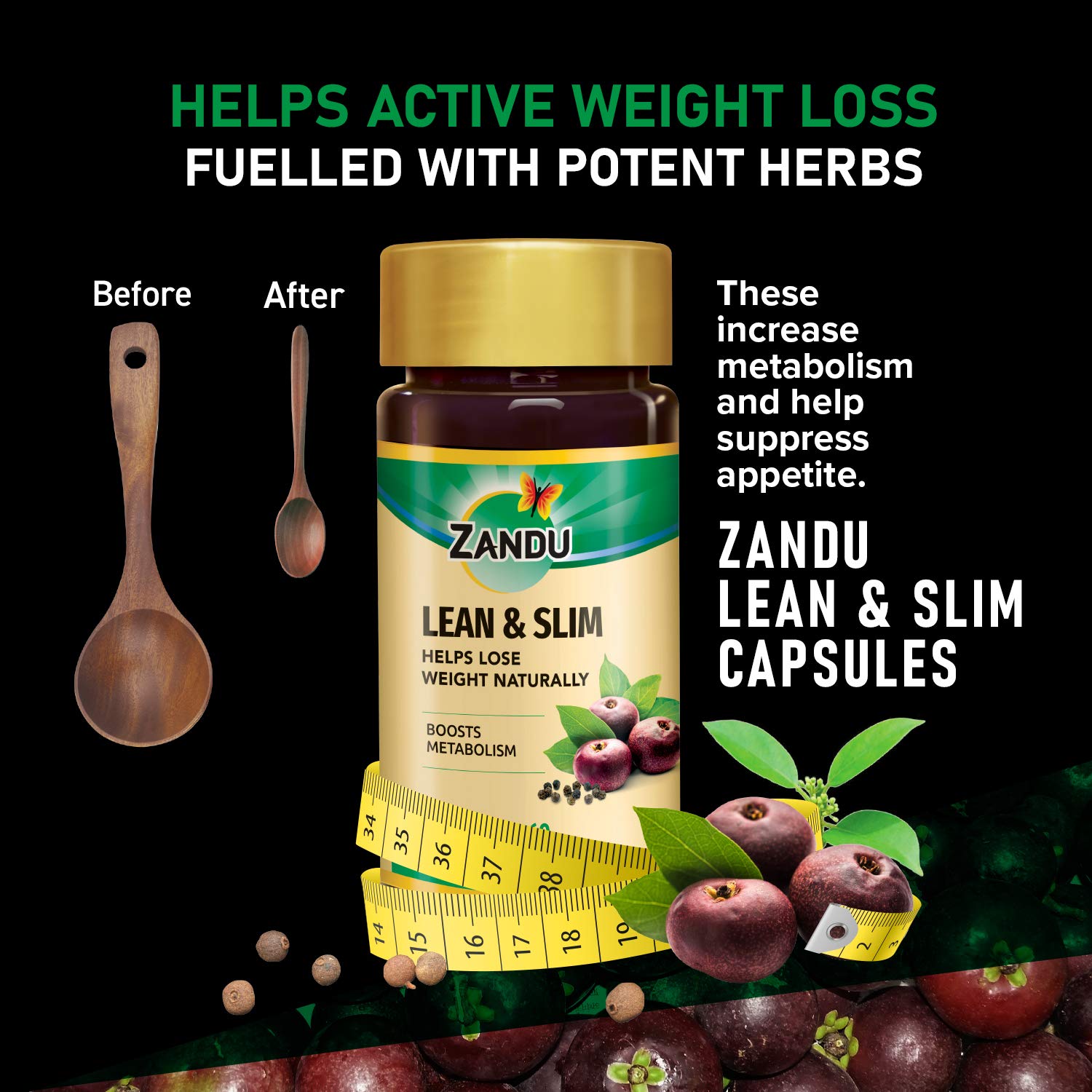 Zandu Lean & Slim Herbal Capsules, 60 Count, 6 Ayurvedic Herbs, Unisex Adult Supplement - label detail