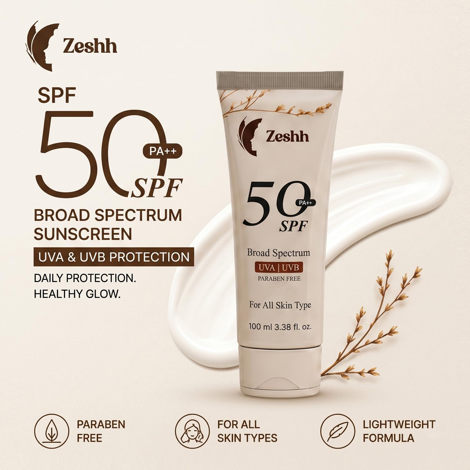 Zeshh SPF 50++ Broad Spectrum Sunscreen for Men & Women, 100g, Lightweight Non-Greasy, No White Cast - front view