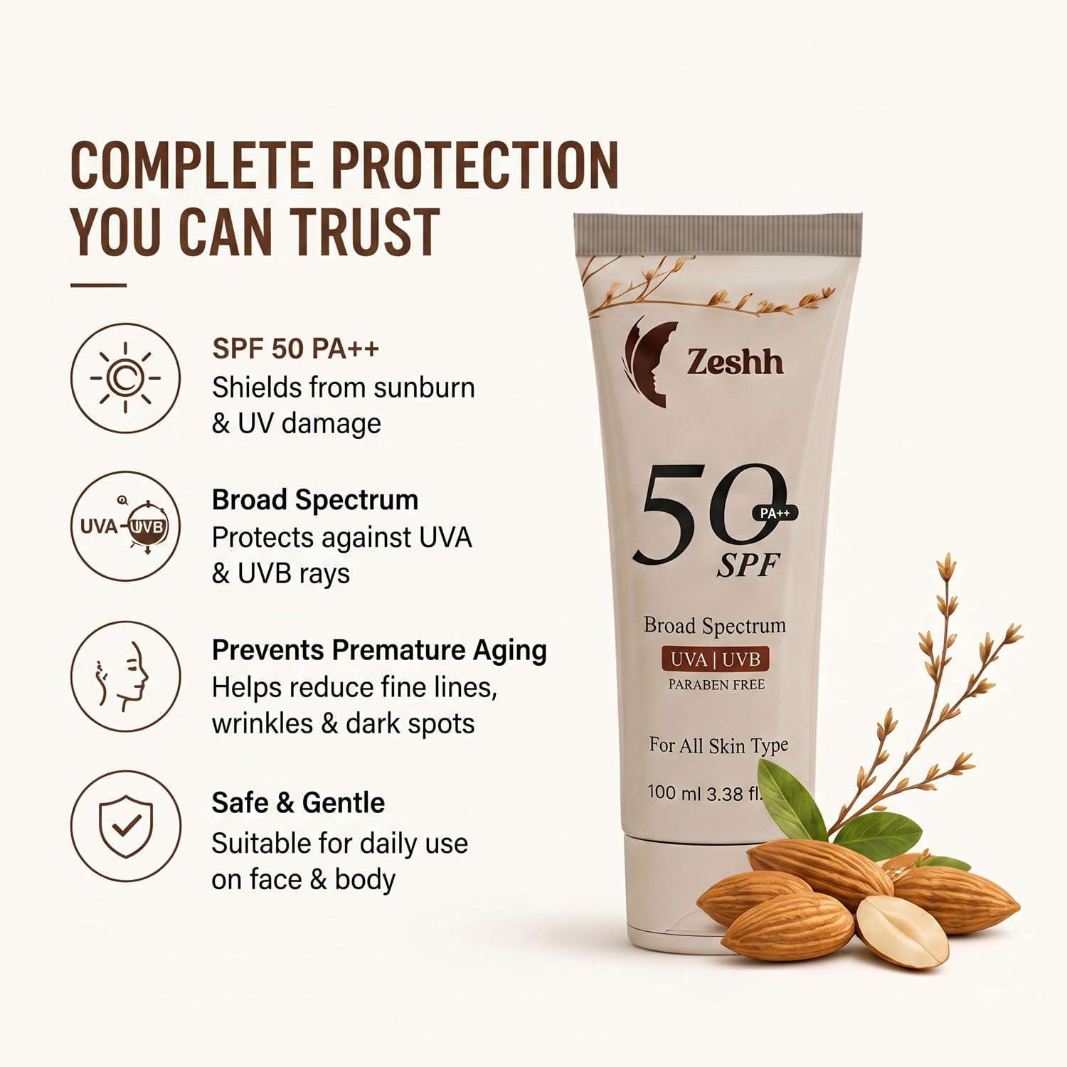 Zeshh SPF 50++ Broad Spectrum Sunscreen for Men & Women, 100g, Lightweight Non-Greasy, No White Cast - back view