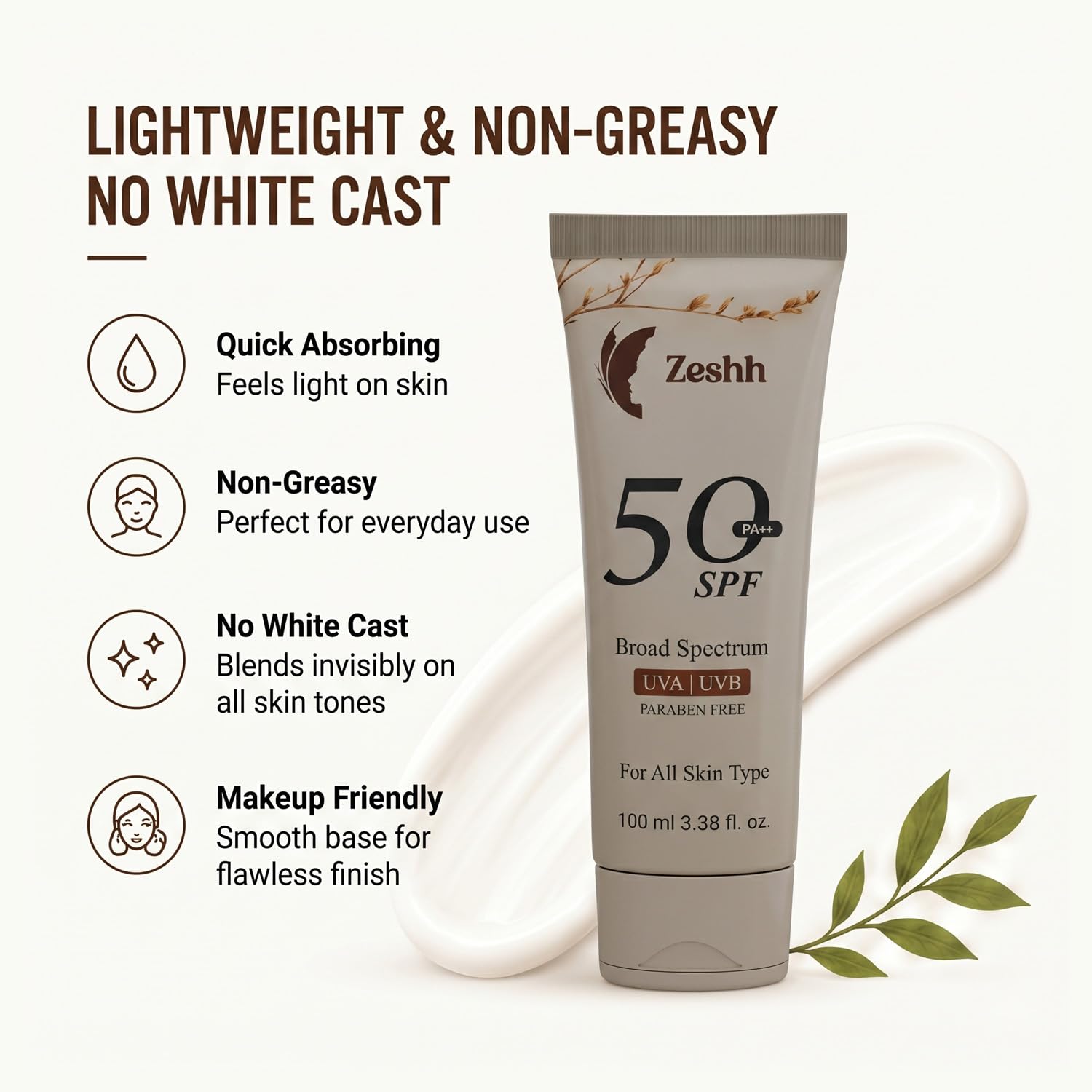 Zeshh SPF 50++ Broad Spectrum Sunscreen for Men & Women, 100g, Lightweight Non-Greasy, No White Cast - packaging