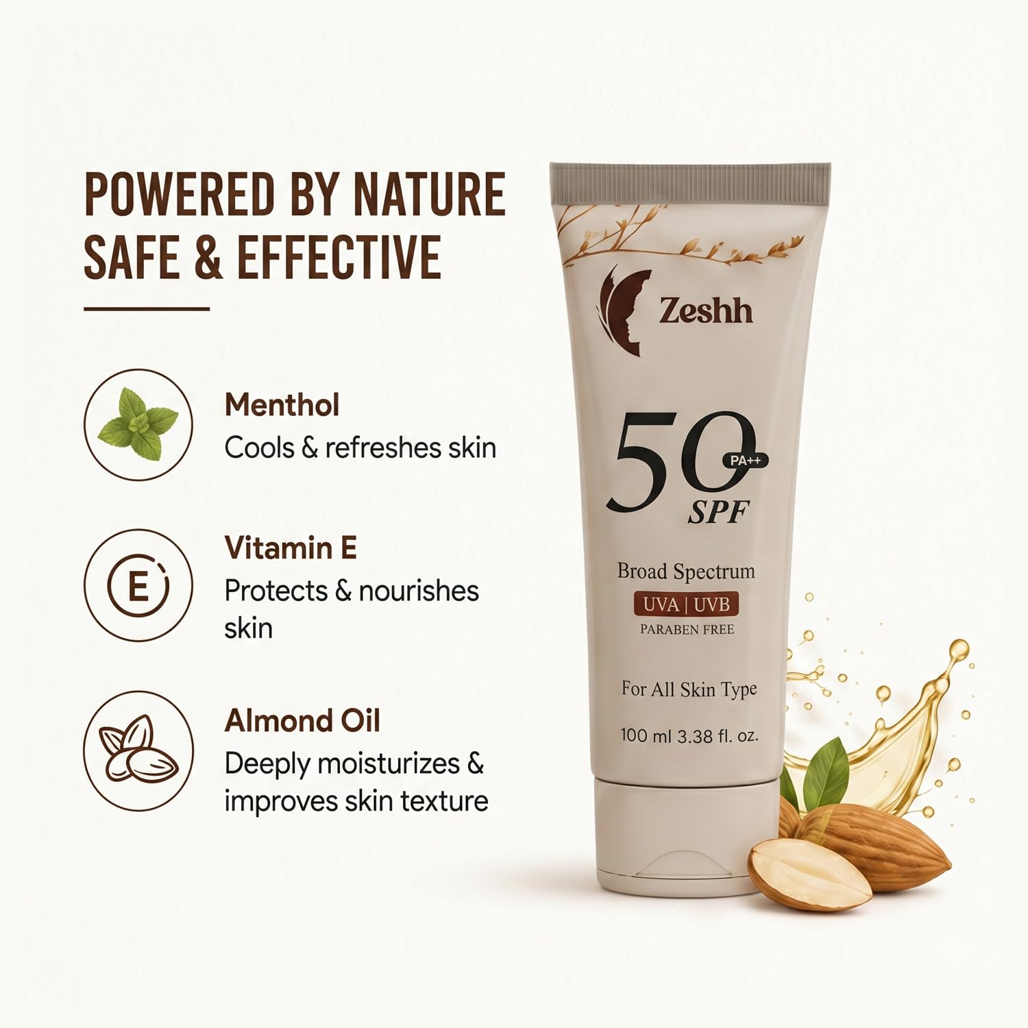 Zeshh SPF 50++ Broad Spectrum Sunscreen for Men & Women, 100g, Lightweight Non-Greasy, No White Cast - label detail