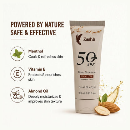 Zeshh SPF 50++ Broad Spectrum Sunscreen for Men & Women, 100g, Lightweight Non-Greasy, No White Cast - label detail
