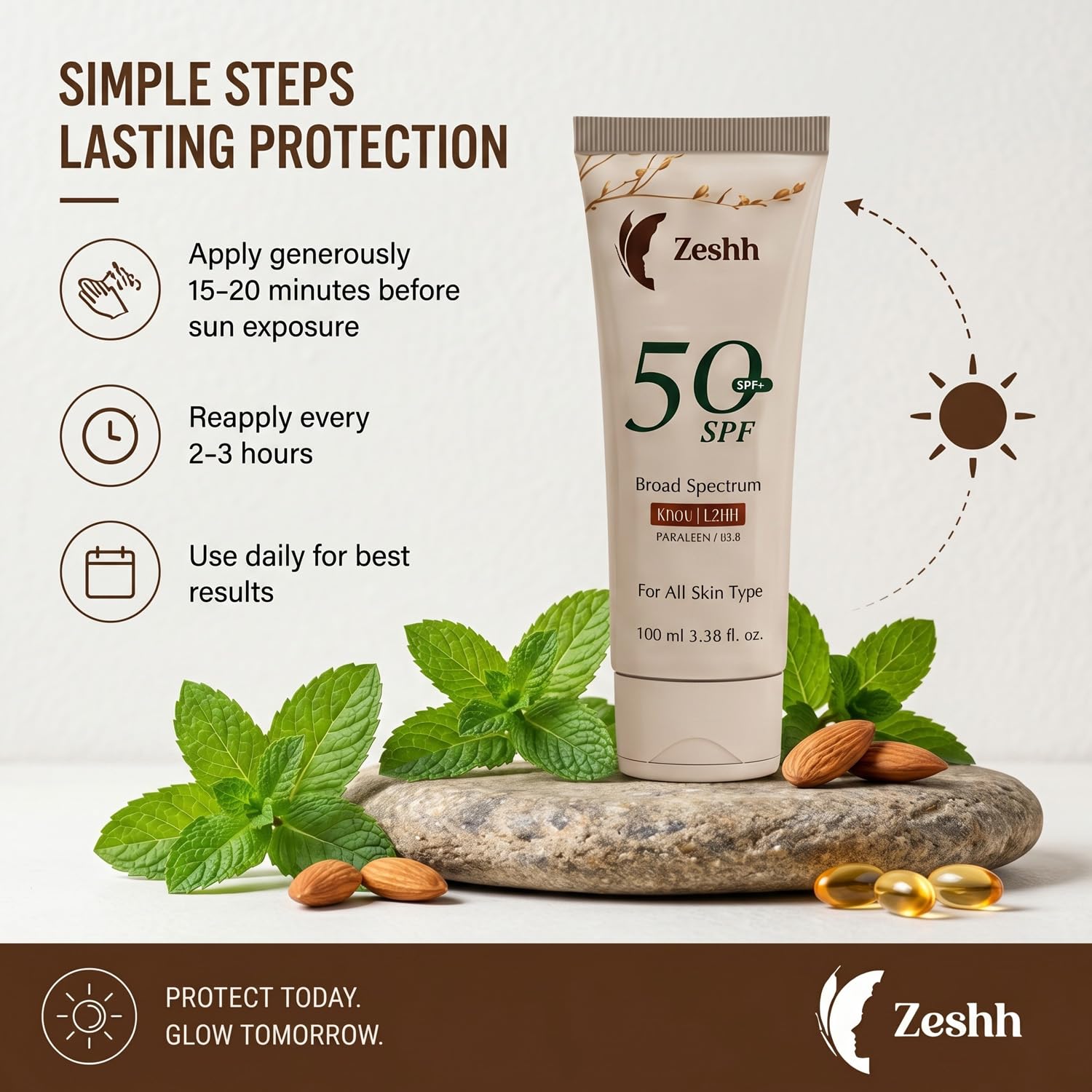 Zeshh SPF 50++ Broad Spectrum Sunscreen for Men & Women, 100g, Lightweight Non-Greasy, No White Cast - ingredients panel