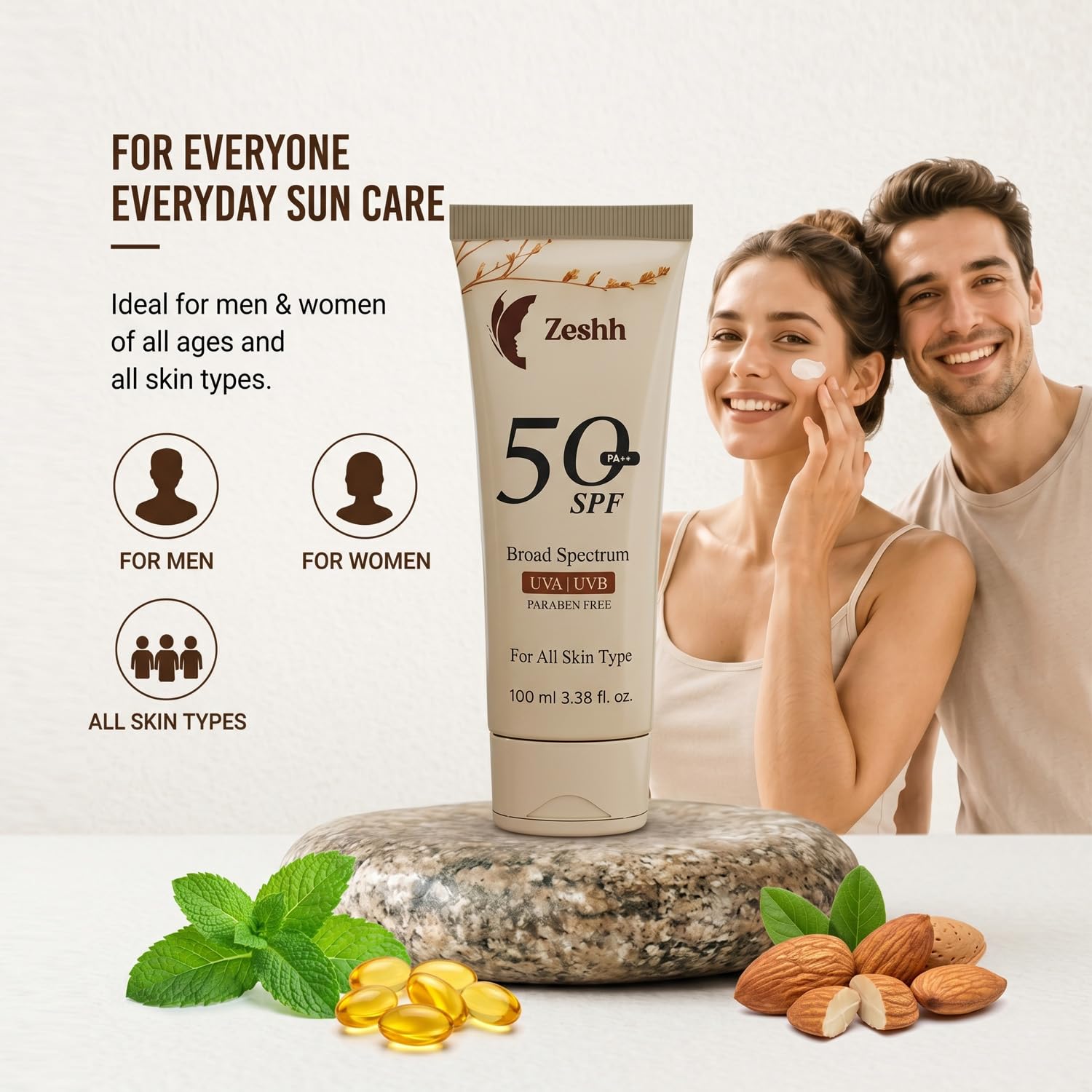 Zeshh SPF 50++ Broad Spectrum Sunscreen for Men & Women, 100g, Lightweight Non-Greasy, No White Cast - close-up detail
