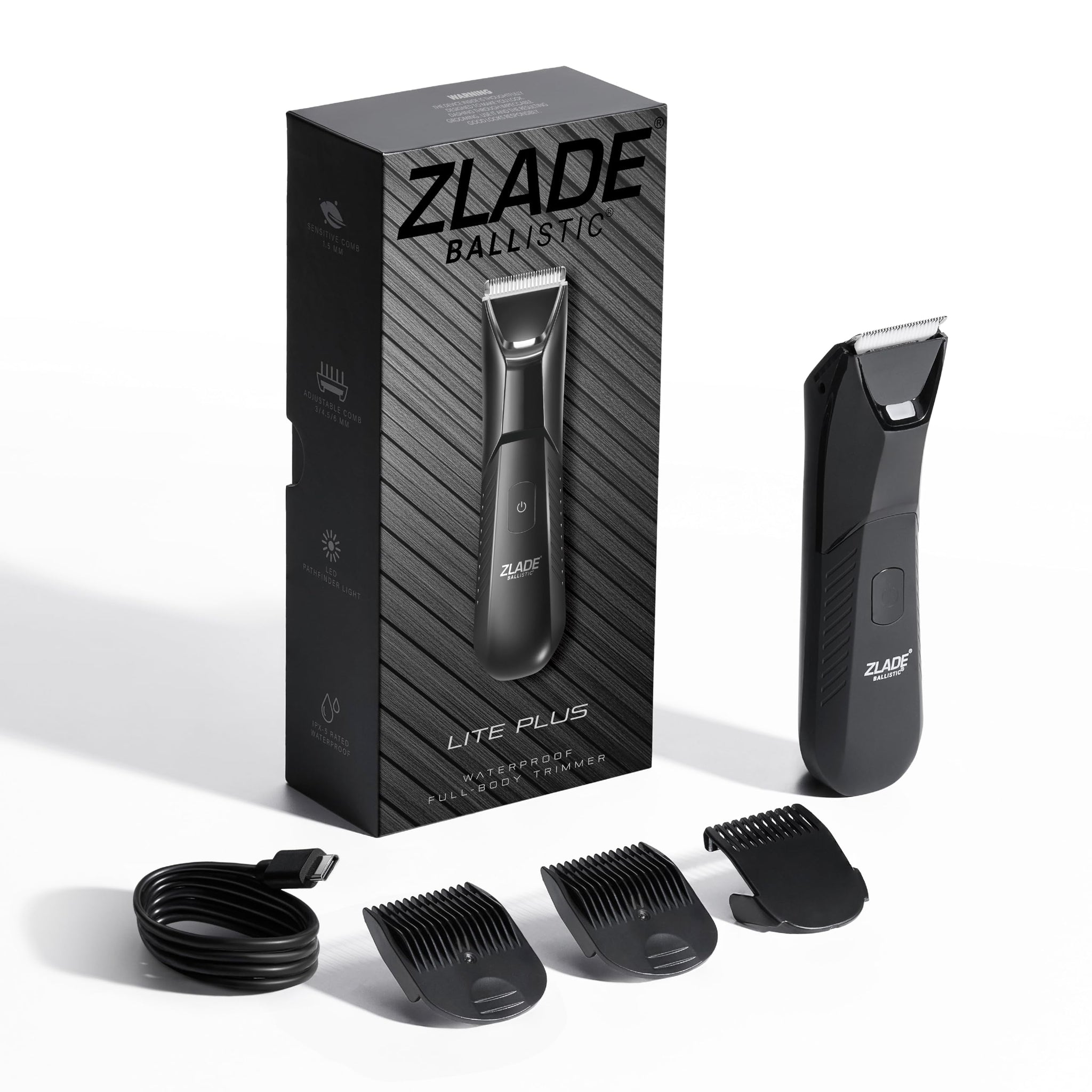 ZLADE Ballistic Lite Plus Manscaping Trimmer, Black, SafeEdge Ceramic Blades, 7000 RPM, Waterproof, Rechargeable, 90 Min Runt