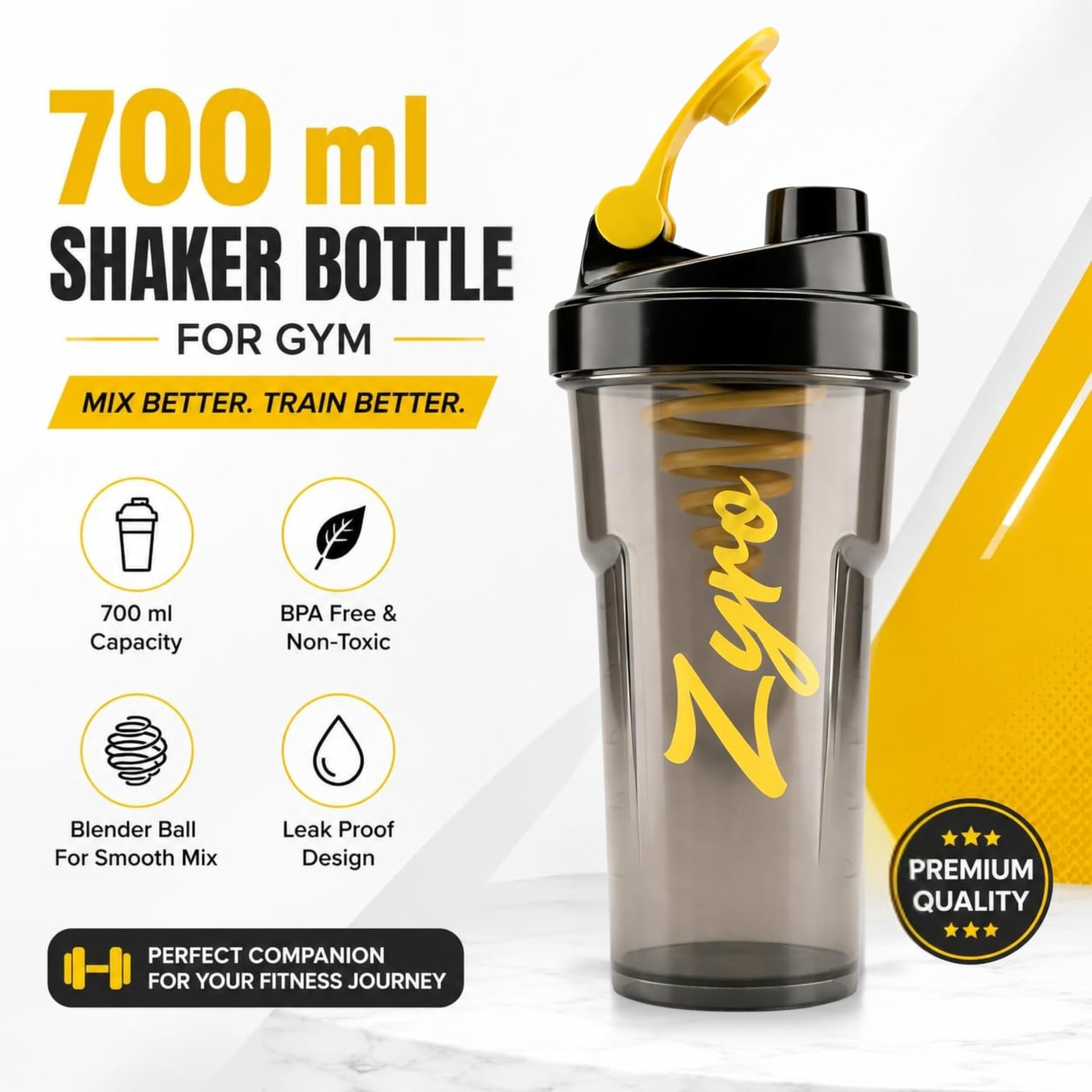 Zyro Cyclone Blender Shaker Bottle, 700ml, BPA-Free Plastic, Leakproof Flip Cap, Spiral Mixer - label detail