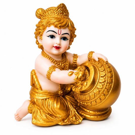 Zyverra Baby Krishna Idol, 13 cm, Polyresin Makhan Chor Figurine, White and Gold Finish
