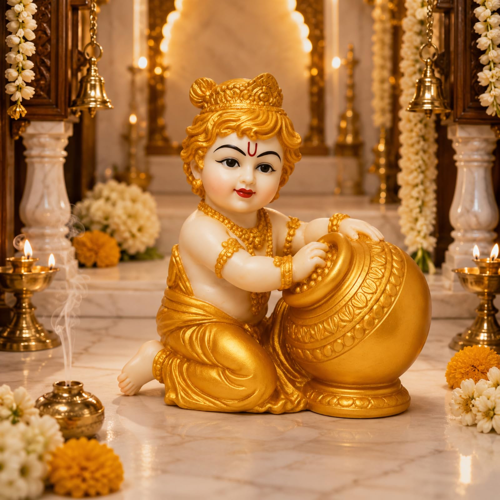 Zyverra Baby Krishna Idol, 13 cm, Polyresin Makhan Chor Figurine, White and Gold Finish - front view