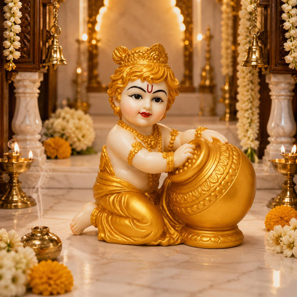Zyverra Baby Krishna Idol, 13 cm, Polyresin Makhan Chor Figurine, White and Gold Finish - front view