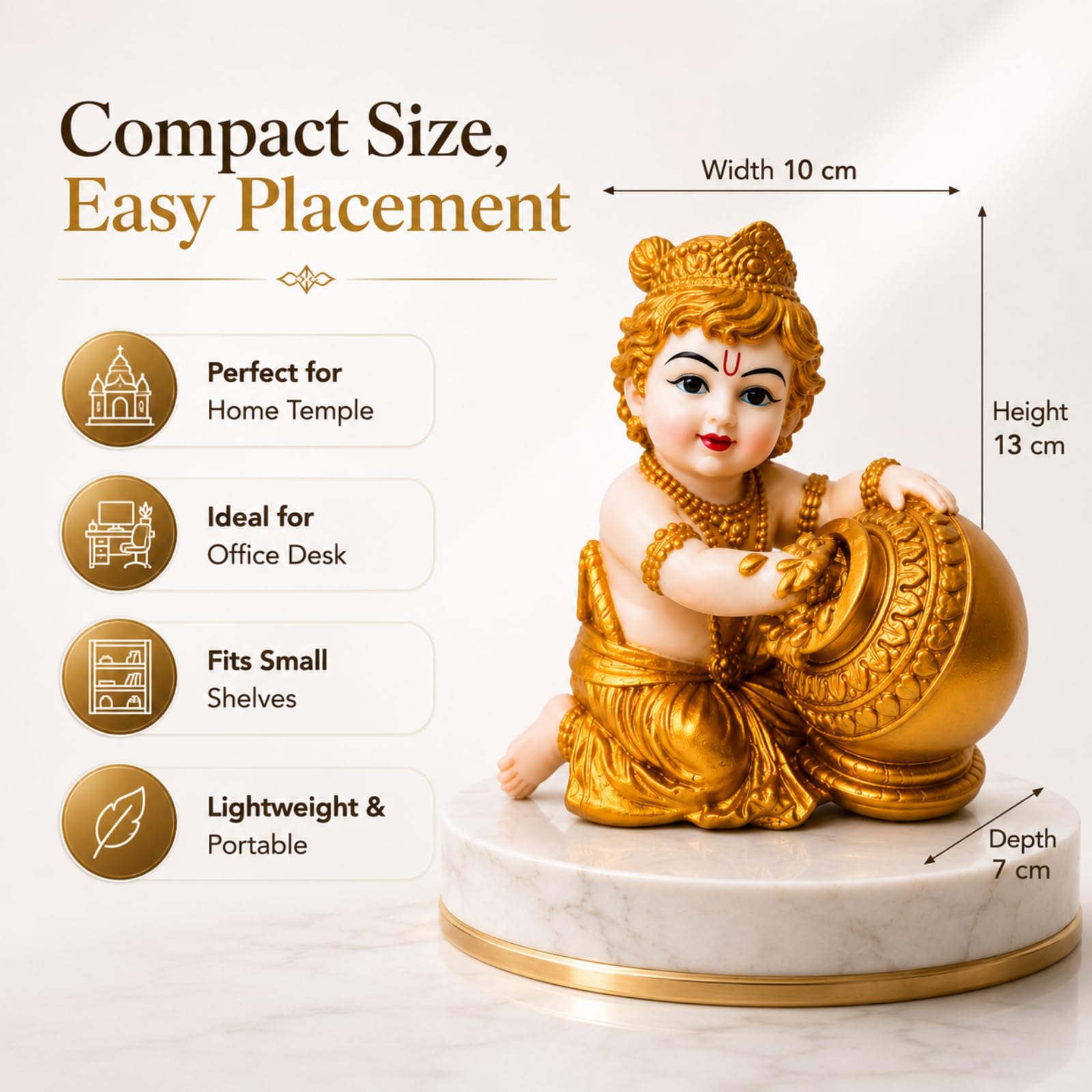 Zyverra Baby Krishna Idol, 13 cm, Polyresin Makhan Chor Figurine, White and Gold Finish - back view