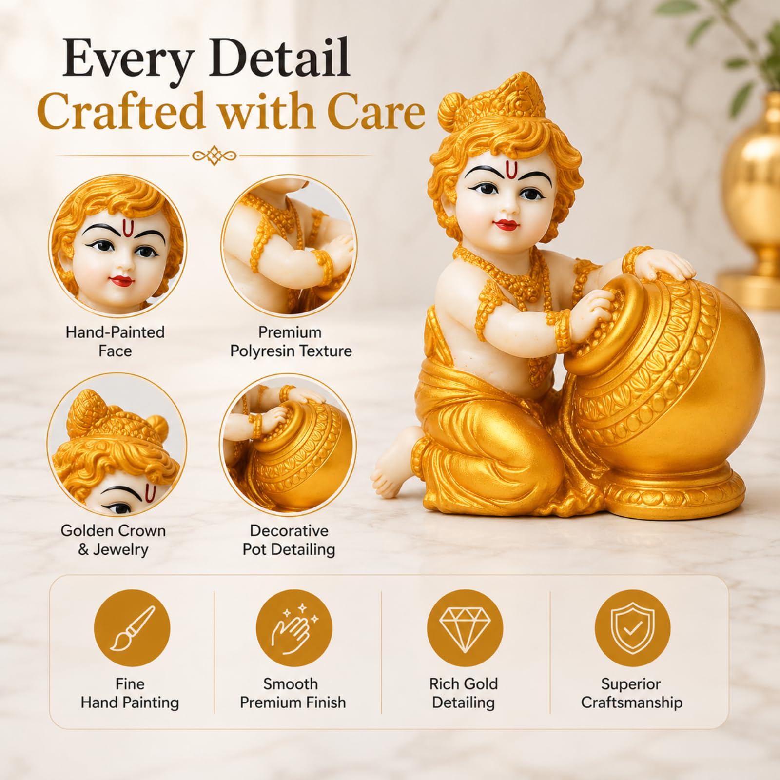 Zyverra Baby Krishna Idol, 13 cm, Polyresin Makhan Chor Figurine, White and Gold Finish - packaging