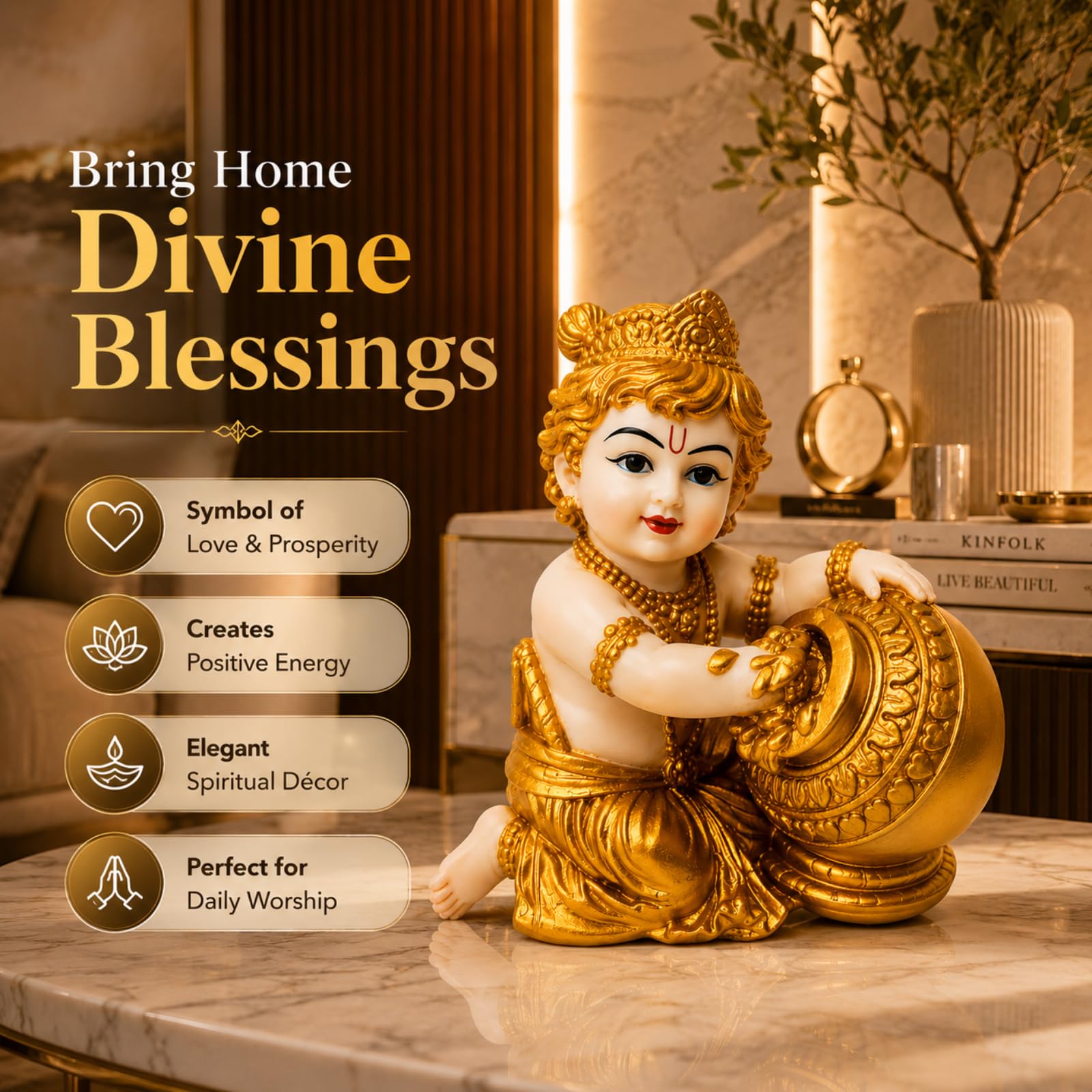 Zyverra Baby Krishna Idol, 13 cm, Polyresin Makhan Chor Figurine, White and Gold Finish - label detail