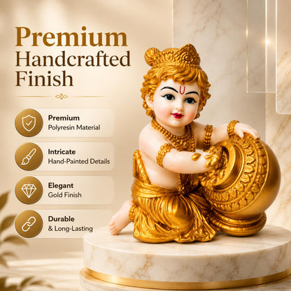Zyverra Baby Krishna Idol, 13 cm, Polyresin Makhan Chor Figurine, White and Gold Finish - close-up detail