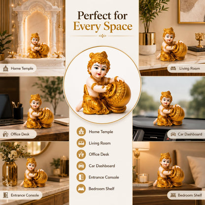 Zyverra Baby Krishna Idol, 13 cm, Polyresin Makhan Chor Figurine, White and Gold Finish - in use